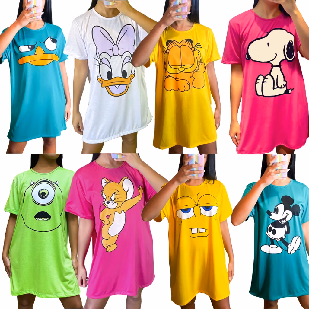 Camisola camisão vestido de manga personagem desenhos Divertidos feminino