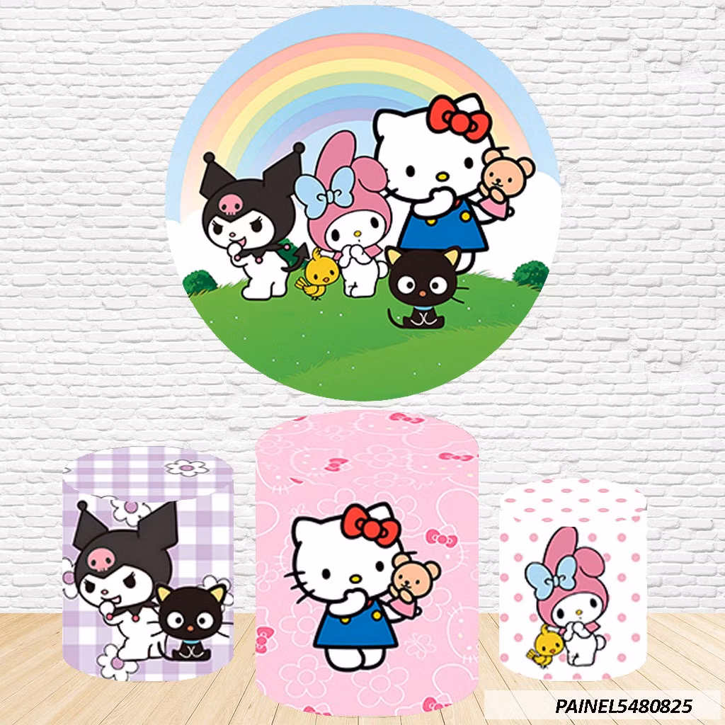 Kit de Capas Painel Redondo Sublimado Hello Kitty 1,50M + Trio Capas de Cilindro C/Elástico