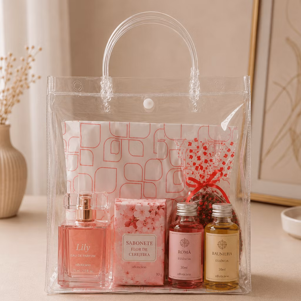 Kit Com 5/10/15 Sacola Transparente PVC com Alça e Botão Tamanho Variação Ideal para Festas Brindes