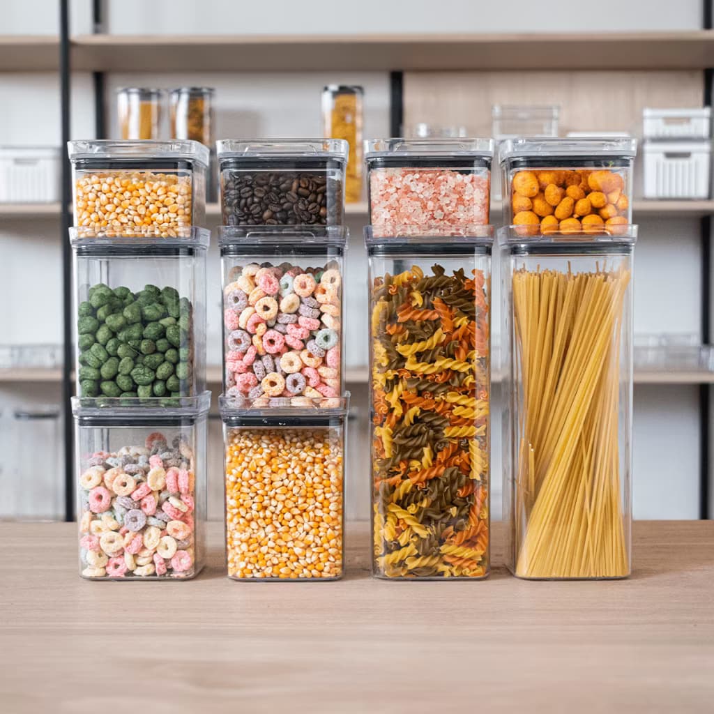 10 Potes Herméticos em Acrílico Cristal para Cozinha Empilhável Organizador para Mantimentos Amobox