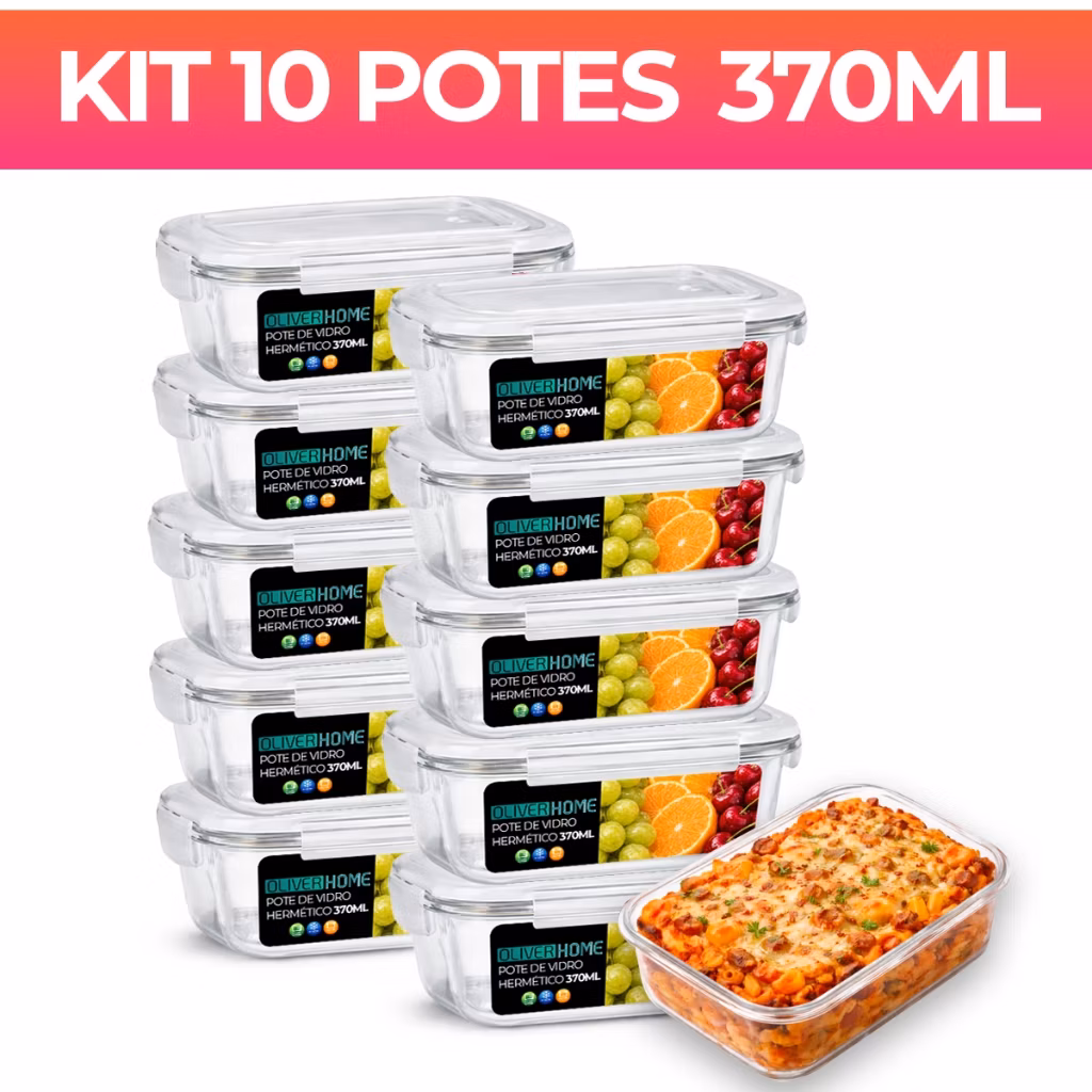 kit 10 ou 5 ou 3  Potes de Vidro 370ml Hermético Marmita Fit com Tampa 4 Travas OliverHome