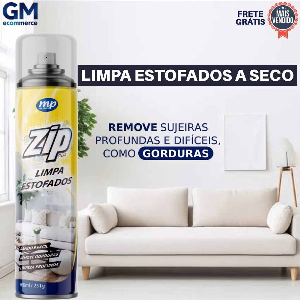 Limpa Estofados Zip Clean 300ml – Espuma Mágica a Seco | Remove Manchas Rápido p/ Sofá e Carro