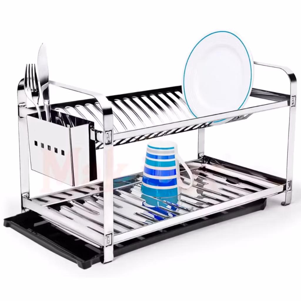 Kit Escorredor Louça 16 ou 20 Pratos Inox Porta Talheres em Inox + Bandeja Coletora